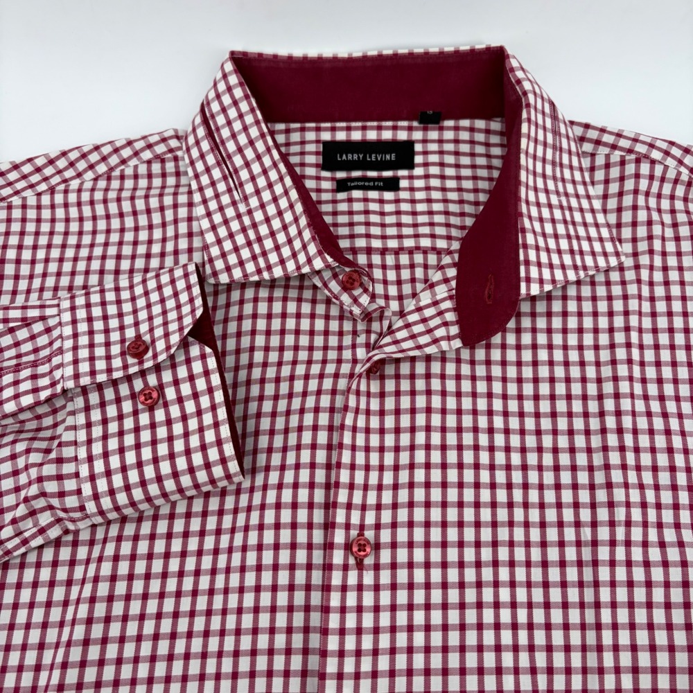 Larry Levine Mens 3XL VTG Tailored Fit Burgundy Gingham Cotton Button Down Shirt